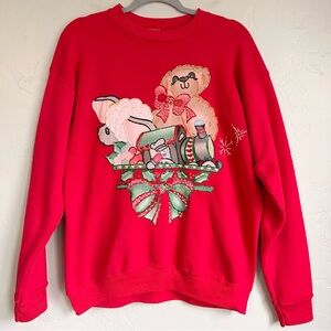 Vintage Handmade Puff‎ Painted Red Christmas Sweatshirt Teddy Bear Cottagecore L